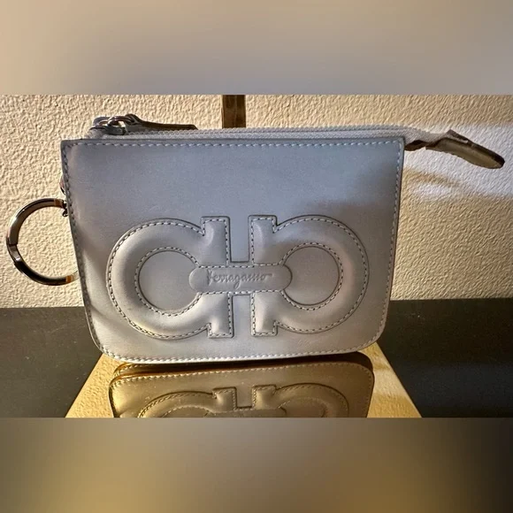 Salvatore Ferragamo Blue Grey Leather Coin Purse Card Case Keyring - Picture 1 of 6